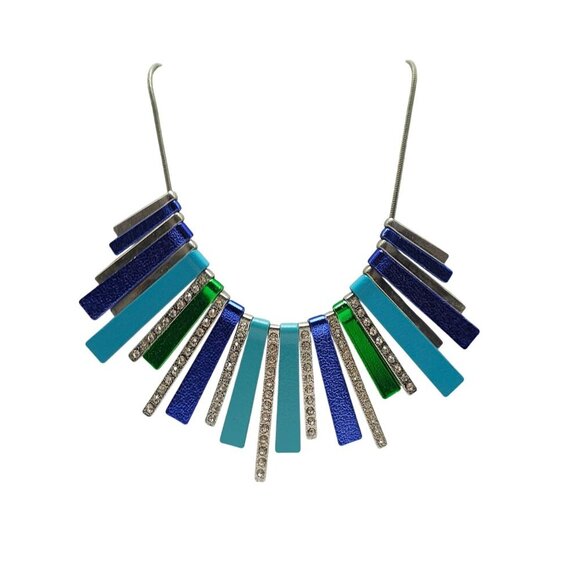 Blue Green Statement Necklace With Rhinestone Accents Rocker Bib Panel 1990s - Picture 1 of 7